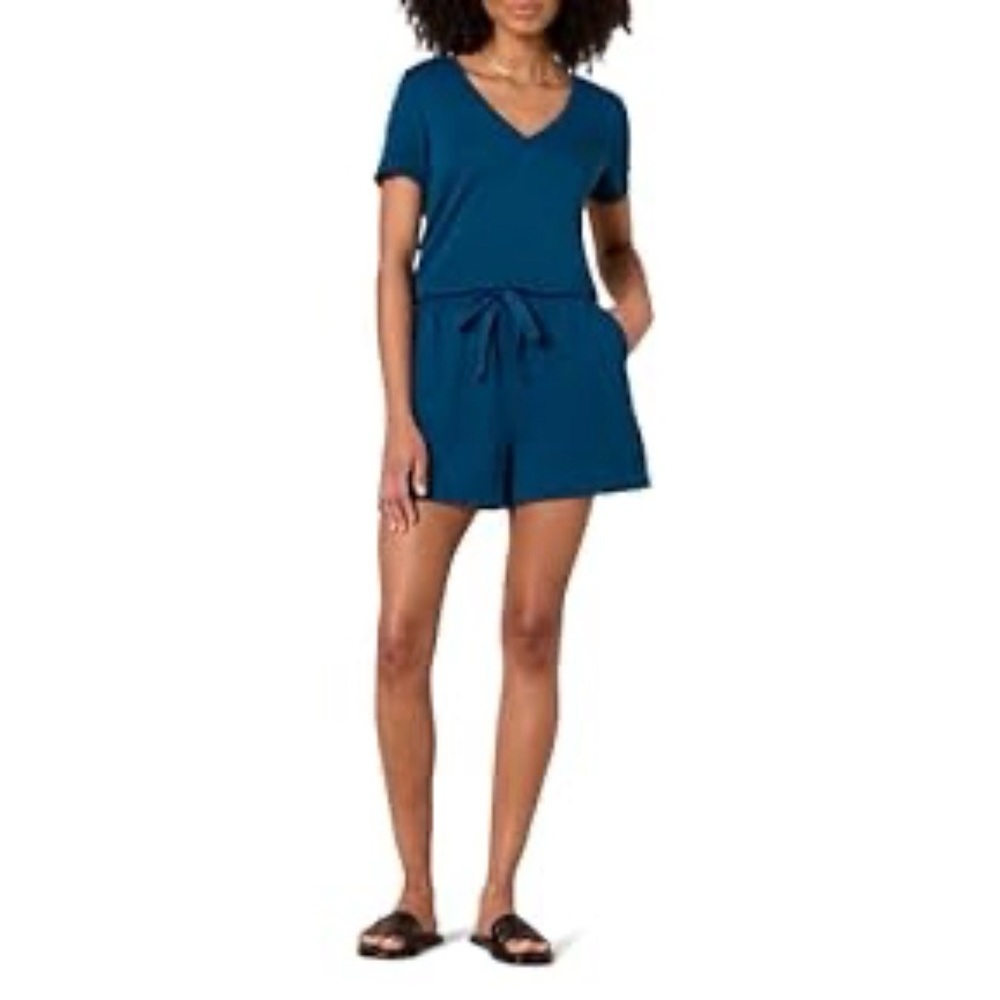 Daily Ritual TShirt Terry Romper with Pockets, Deep Teal Blue, Size XL